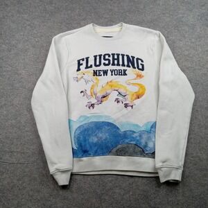 Blind Rooster Sweatshirt Mens Small White Flushing New York Dragon Graphic